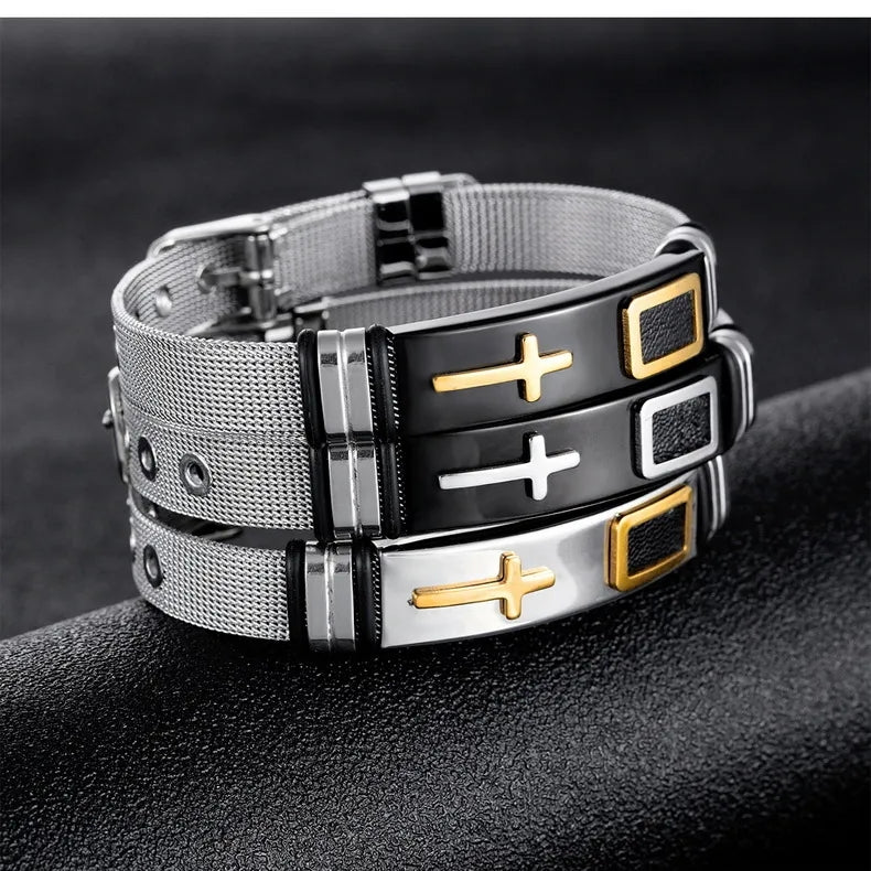 Men's Adjustable Bracelet 3D Cross Stainless Steel Mesh Chain Bracelets Bangles