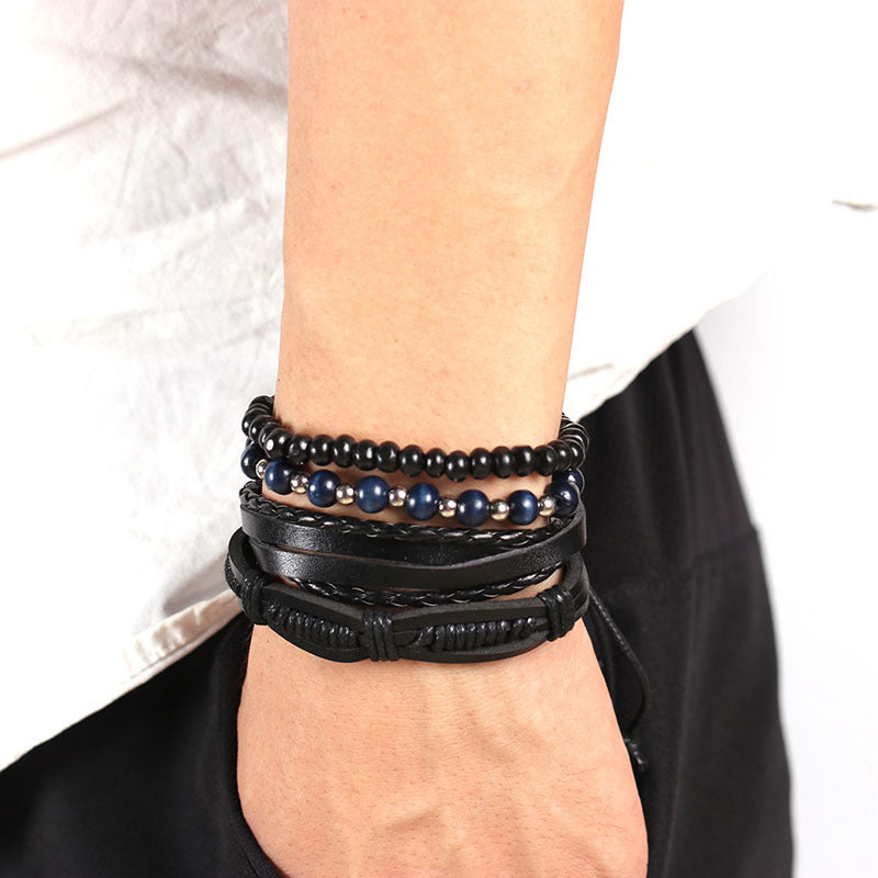 Leather Wooden Bead Multi-layer Casual Style Bracelet